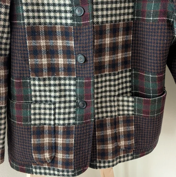 Vintage Wool Plaid Patchwork Button Up Jacket In Burgundy/Brown/Navy